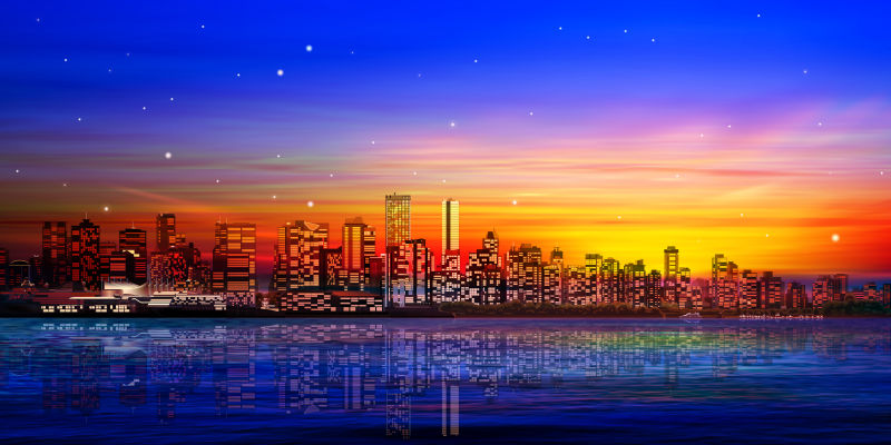 美丽的日落下的城市矢量插图