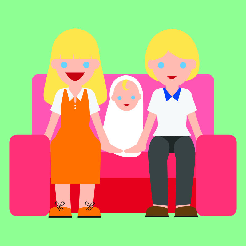 坐在粉色沙发上的幸福的一家人卡通矢量设计