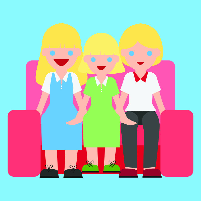 幸福的一家坐在粉色沙发上的卡通矢量设计