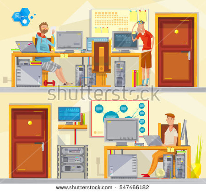 两套软工程师私人办公室室内装饰平面矢量插图