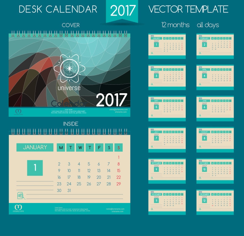 矢量2017日历所有月份的设计