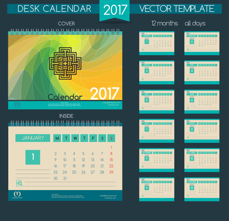 矢量所有月份的2017日历设计
