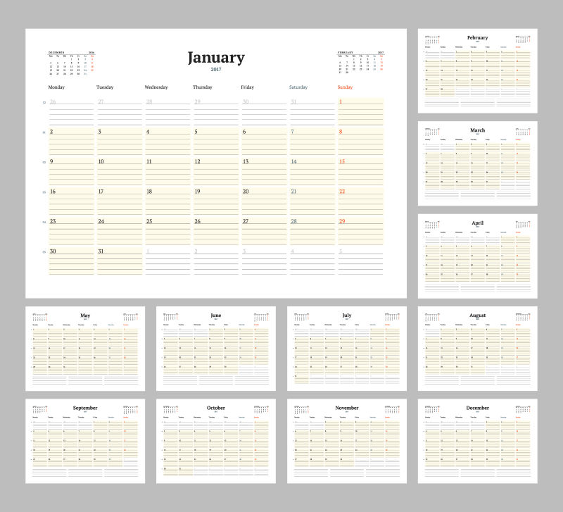 矢量2017日历星期一开始的设计