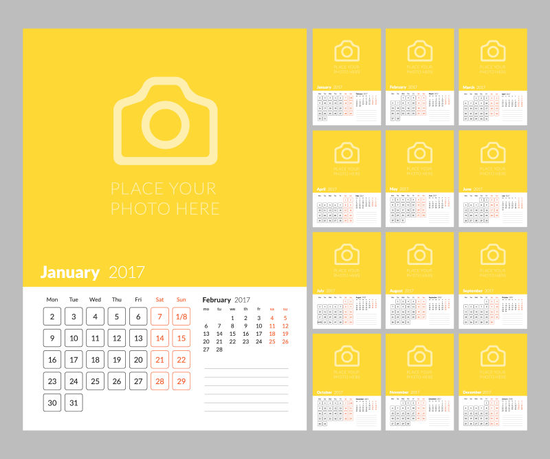 矢量2017黄色星期一日历设计