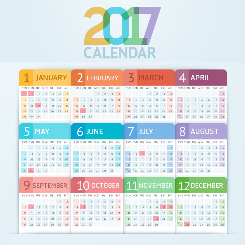 矢量2017彩色月份日历设计