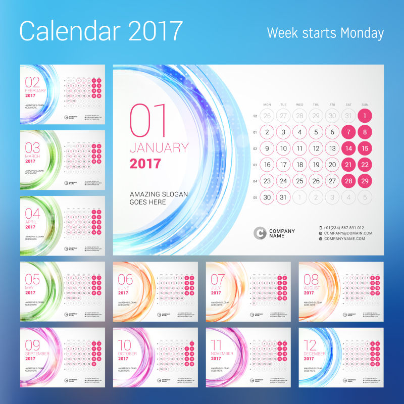矢量2017日历彩色页面设计