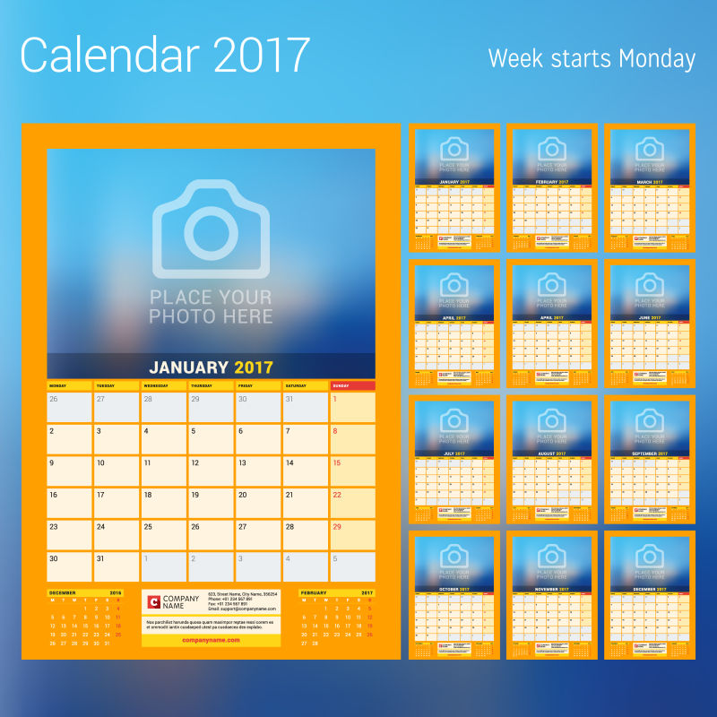 矢量2017日历橙色月份页面设计