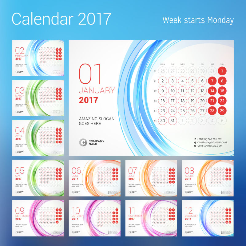 矢量2017日历彩色线条的页面设计