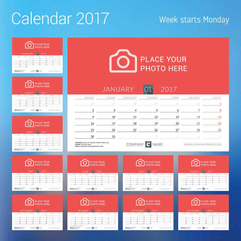 矢量2017日历红色月份页面设计