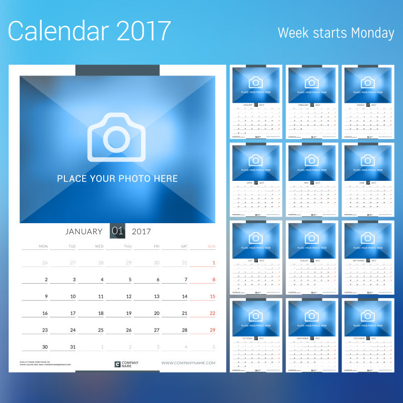 矢量2017日历蓝色拍照页面设计