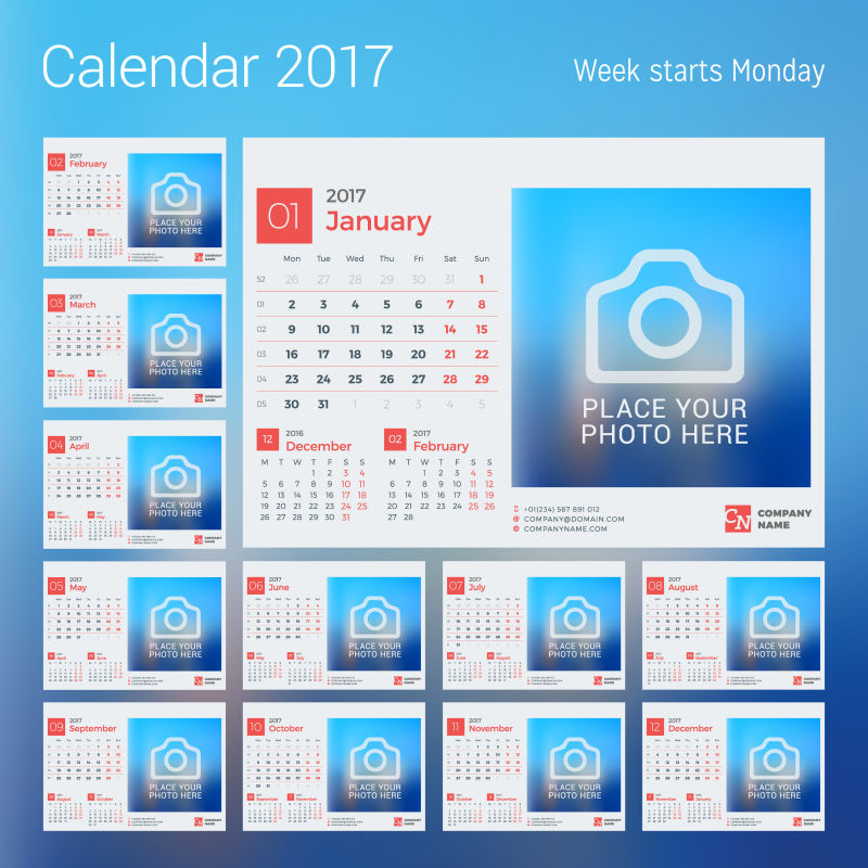 矢量2017日历蓝色页面设计