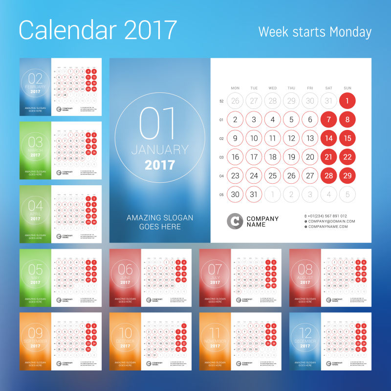 矢量2017日历多彩月份页面设计
