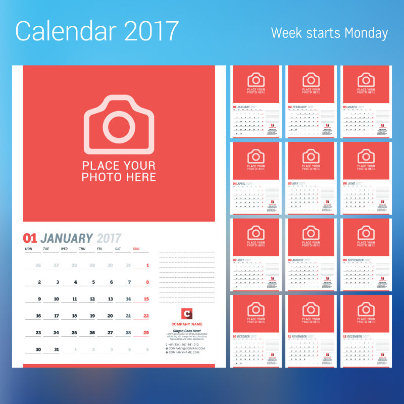 矢量2017日历红色页面设计
