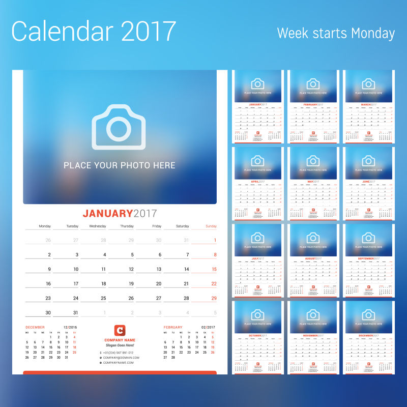 矢量2017日历蓝色月份页面设计