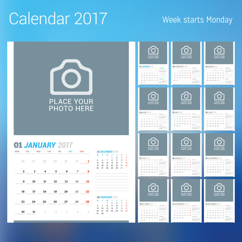 矢量2017日历灰色拍照页面设计