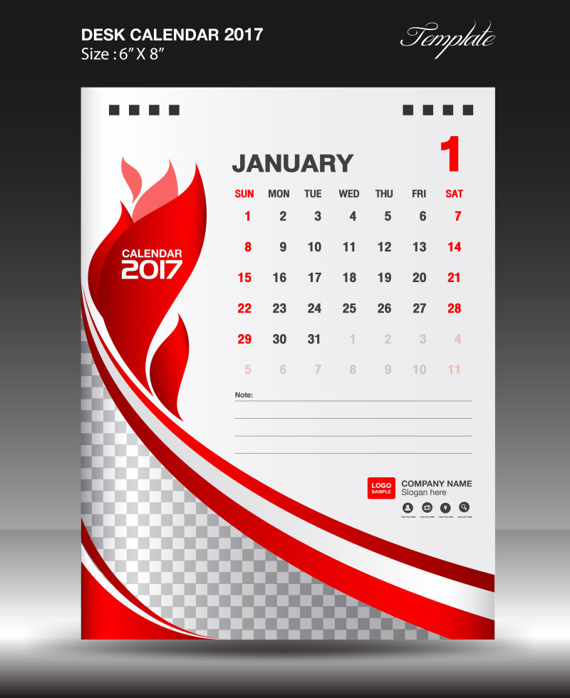矢量2017日历红色1月设计
