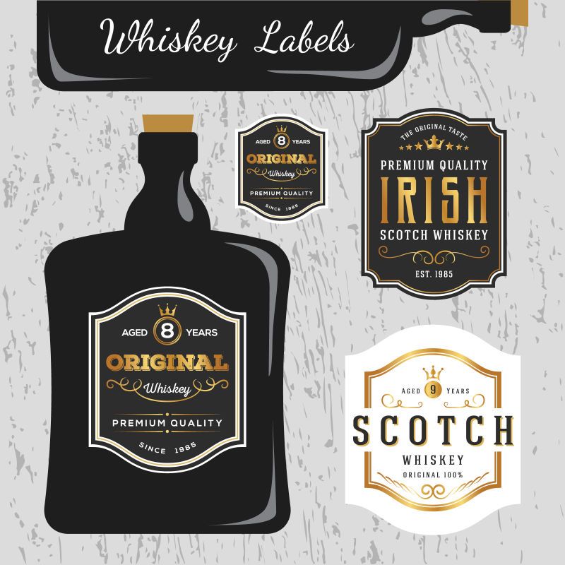 老式威士忌标签和酒瓶矢量插图