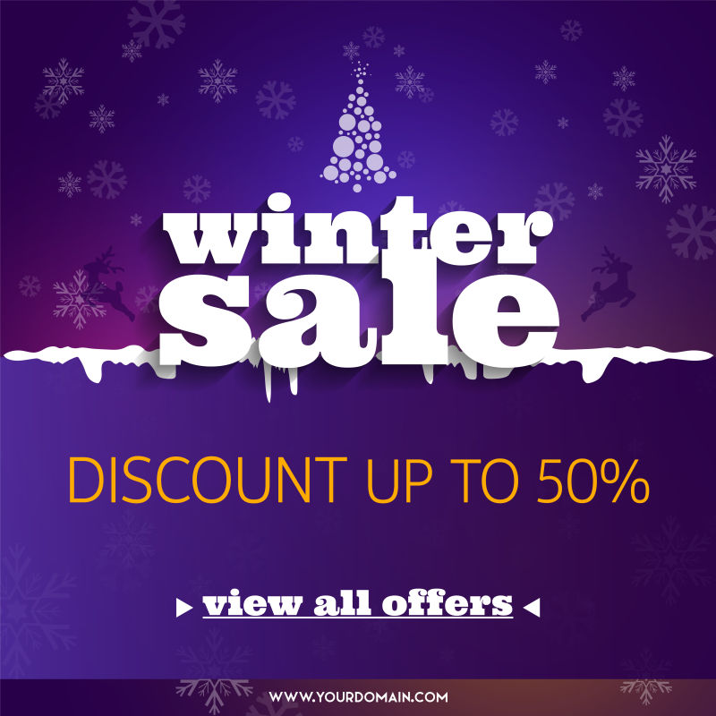 紫色网页横幅和海报大冬销售和特别优惠雪人矢量