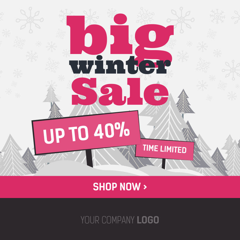 粉色的网页横幅和海报大冬销售和特别优惠雪人矢量