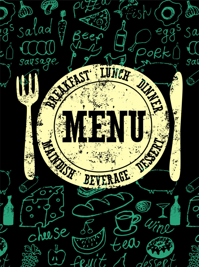 复古的餐厅食物和餐具图案的菜单设计矢量
