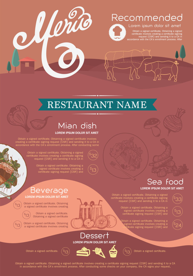 复古色彩的餐厅菜单封面设计矢量