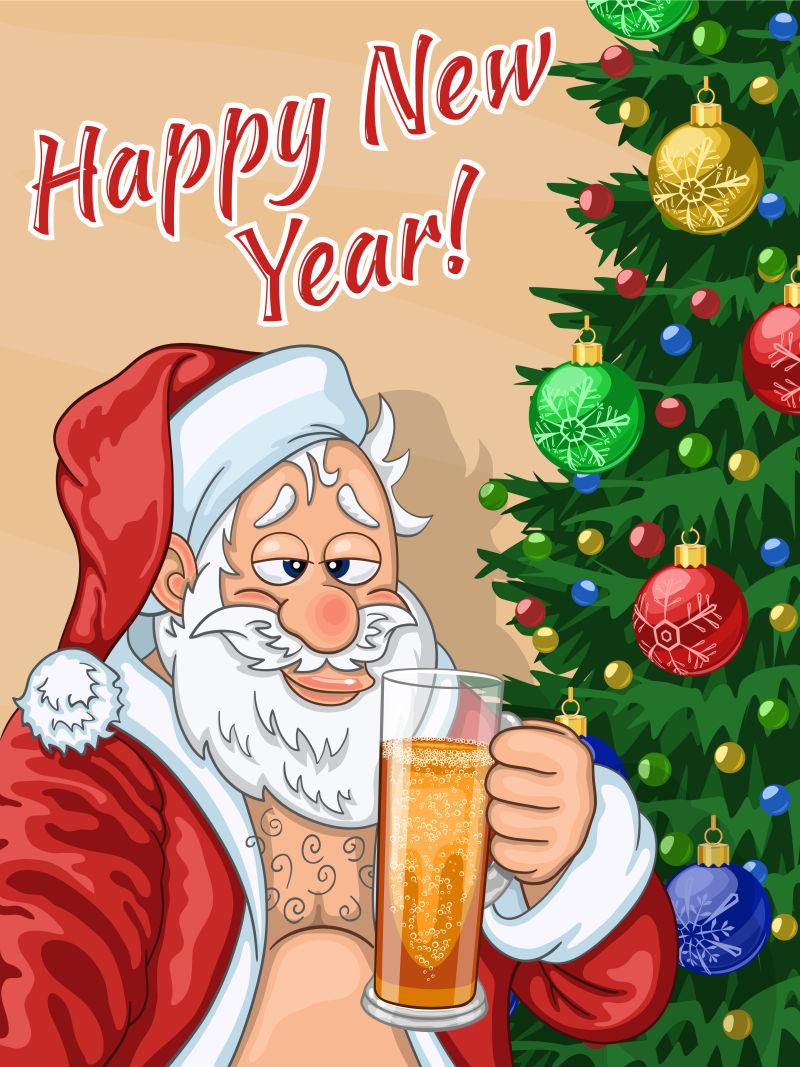 矢量设计圣诞树旁举着啤酒杯的圣诞老人