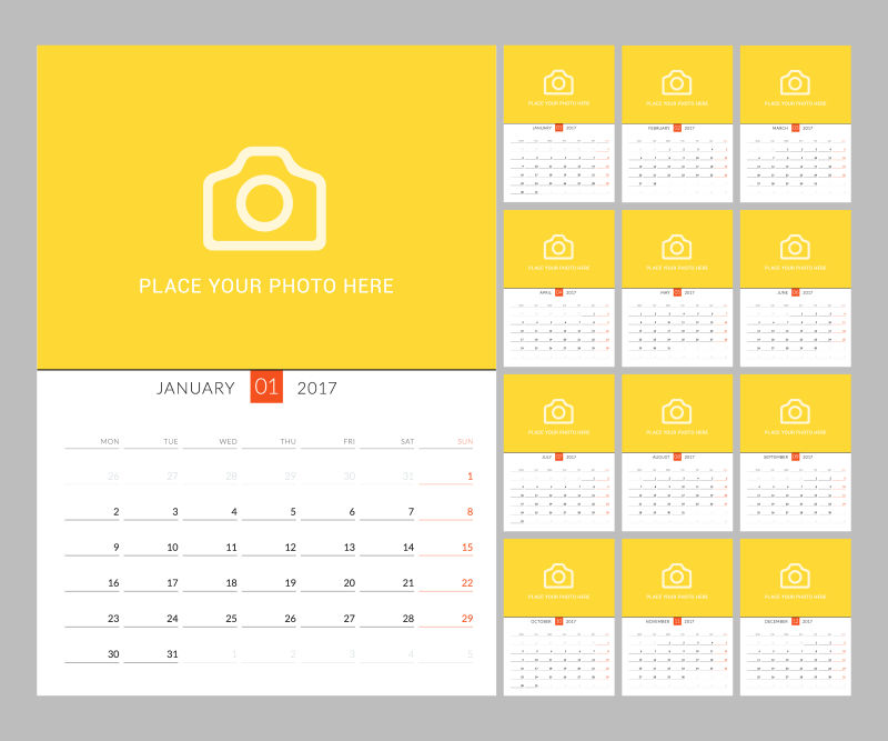 矢量2017黄色相机日历设计