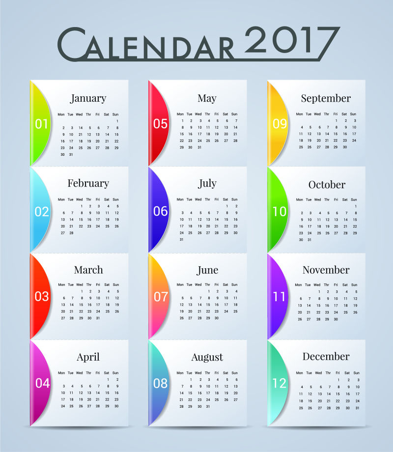 矢量12个月12个颜色2017日历设计
