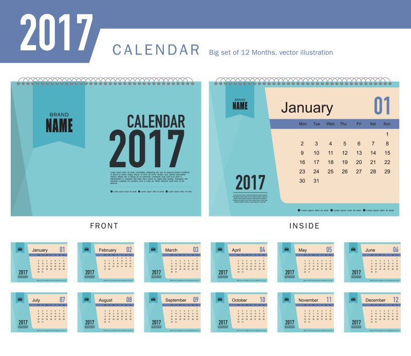 矢量201712个月大集合日历设计