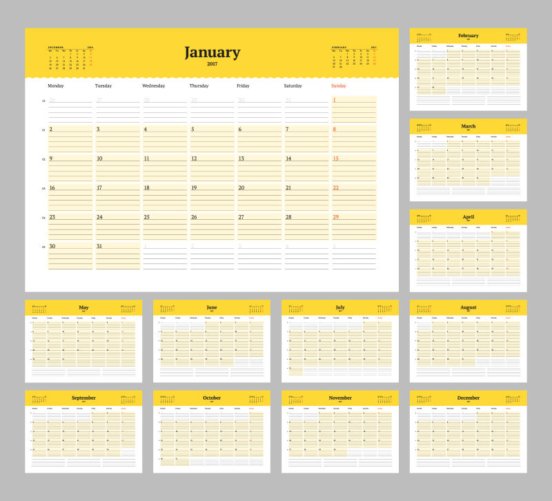 矢量2017黄色日历所有月份设计