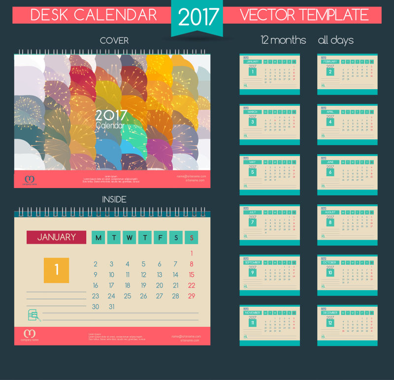 矢量2017日历多彩所有月份的设计