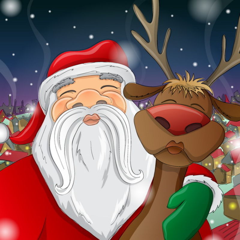 矢量设计抱着驯鹿微笑的圣诞老人