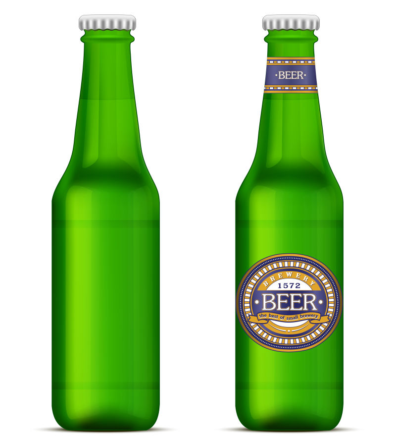 带标签的绿色啤酒瓶矢量插图