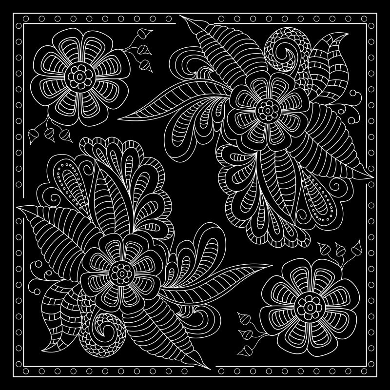 矢量黑白带印花的花与幻想花抽象图案
