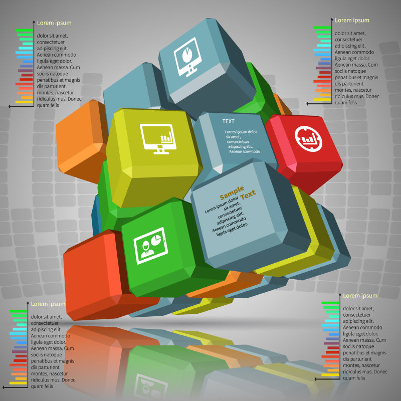 创意矢量彩色三维立体方形元素信息图表设计
