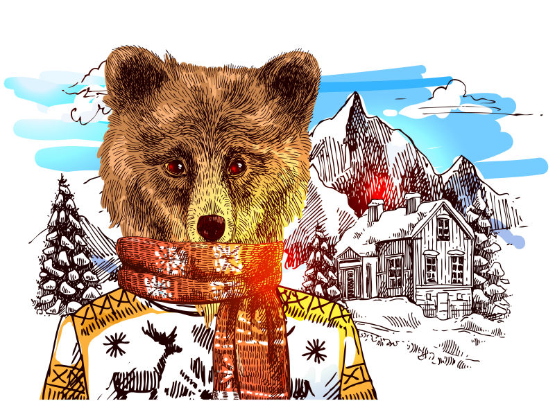 户外穿着编织毛衣的熊矢量手绘插图