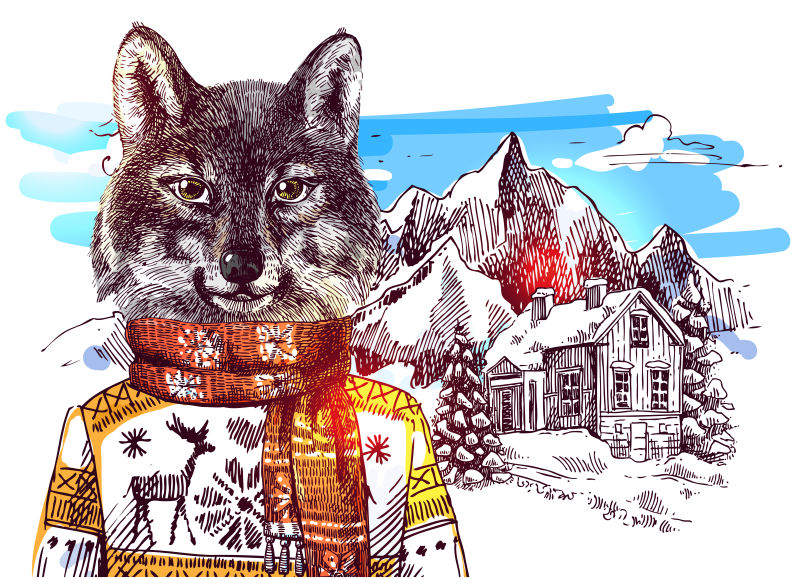 穿着编织毛衣的狼矢量手绘插图