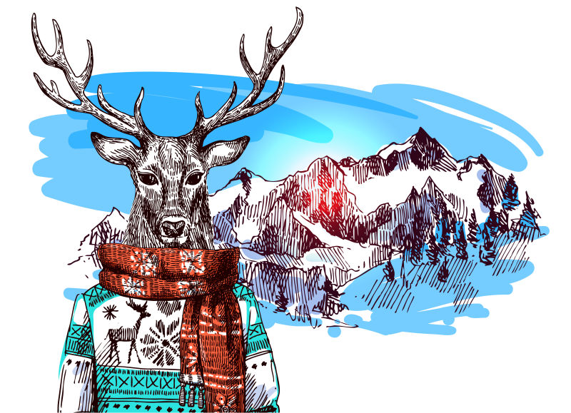 在山上穿编织毛衣的鹿矢量手绘插图