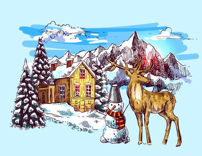 户外的鹿和雪人矢量手绘插图
