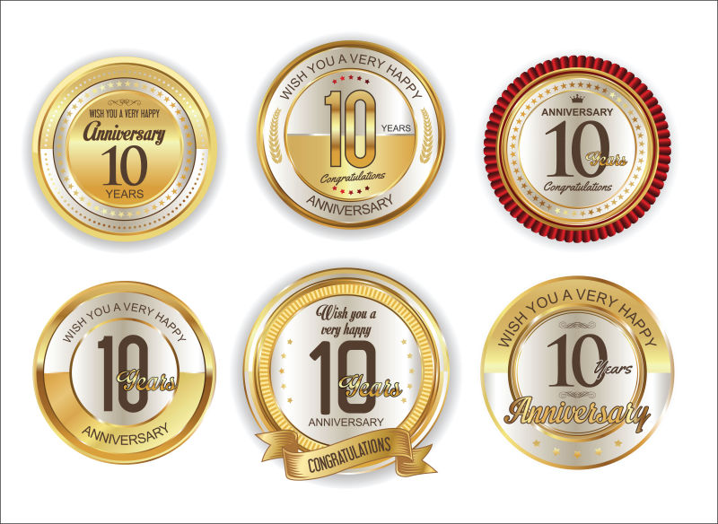 创意矢量10周年纪念金色徽章设计