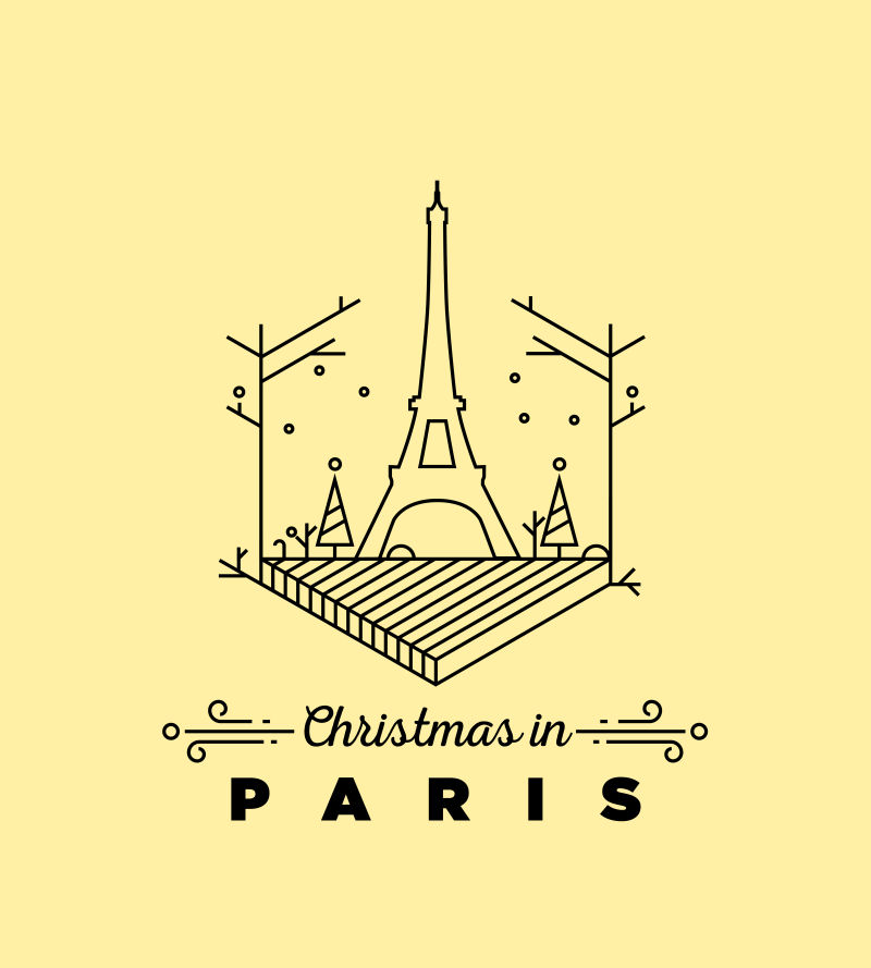 黄色背景下的巴黎圣诞标志建筑