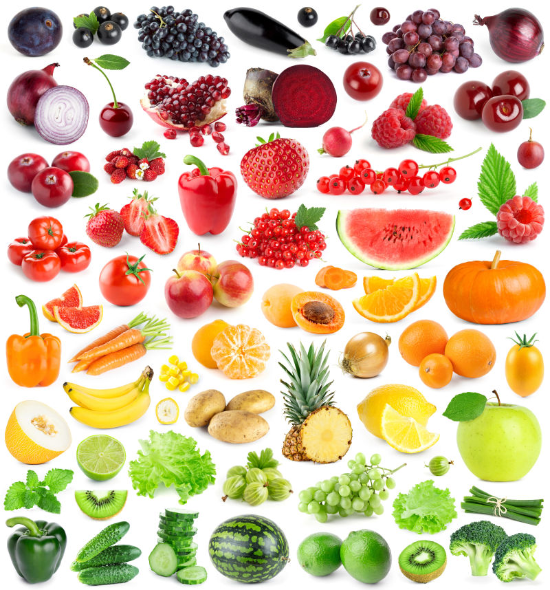 白色背景中丰富多样的水果和蔬菜