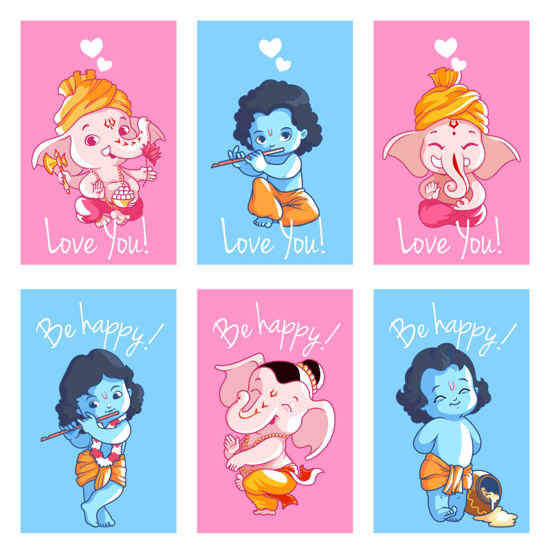 矢量Krishna和甘尼萨的可爱卡片