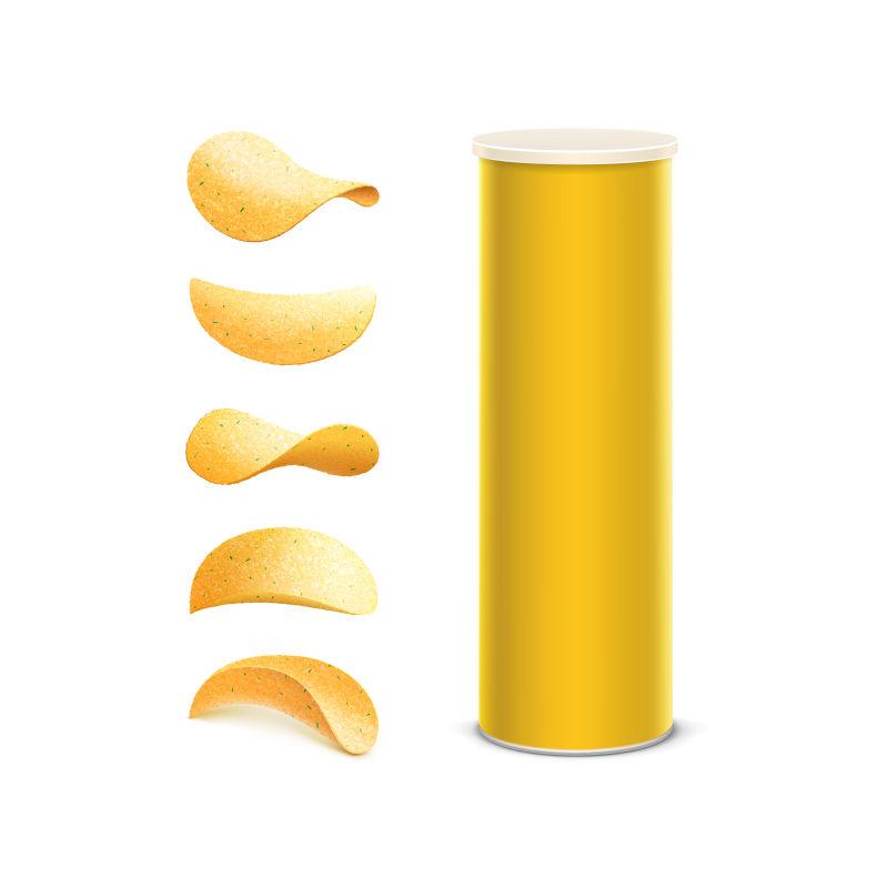 用黄色锡箱容器包装的矢量不同形状土豆脆片