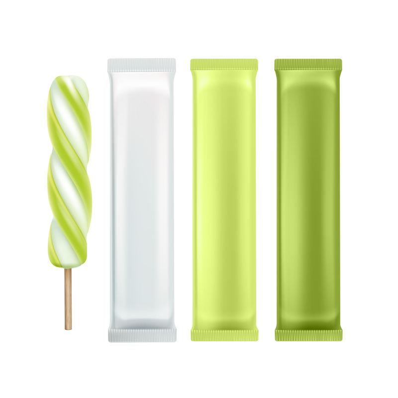 塑料箔包装品牌包装的矢量绿色猕猴桃螺旋冰棒