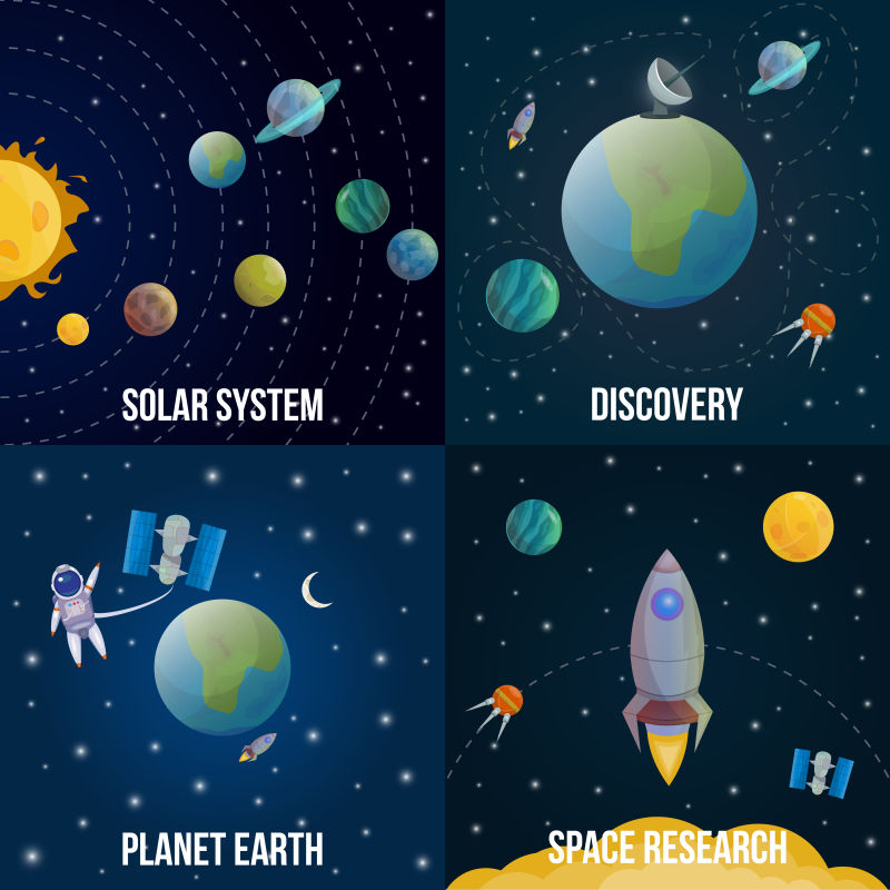 宇宙彩色图标集与太阳系发现行星地球和空间研究矢量