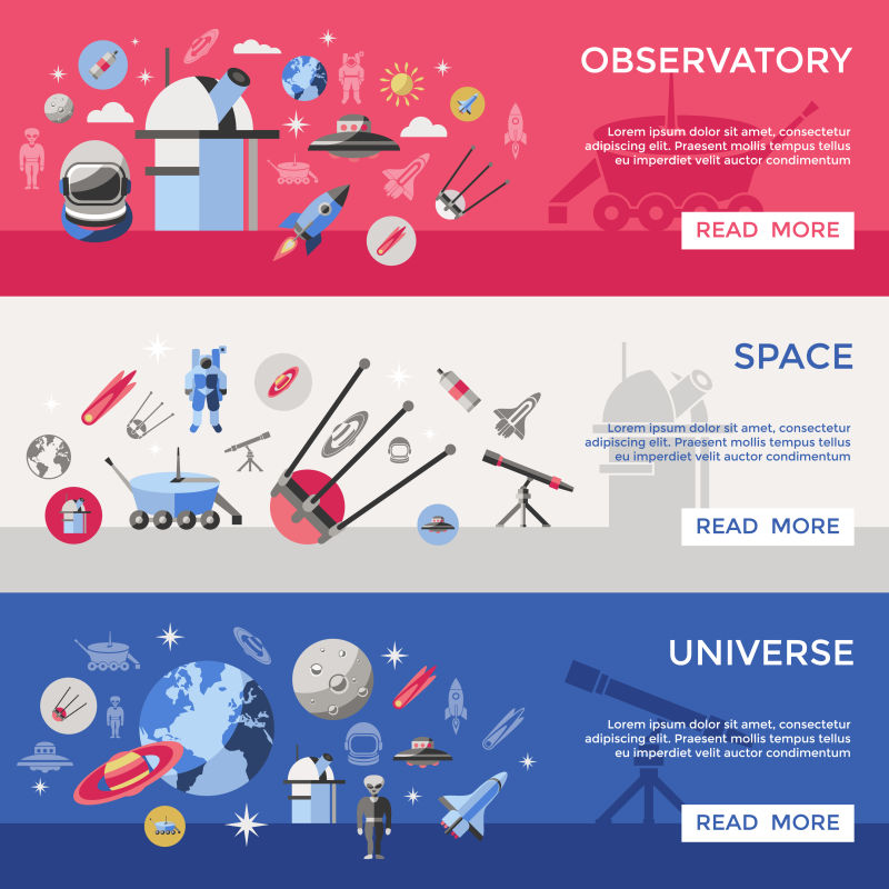 三个水平空间旗帜设置与天文台宇宙空间和白色按钮的描述矢量