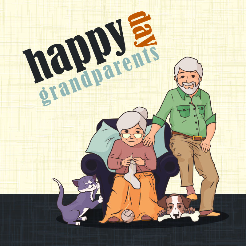 祖父母坐在一起和他们的宠物欢度节日插图矢量设计