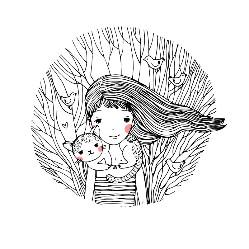 漂亮女孩和小猫矢量插图