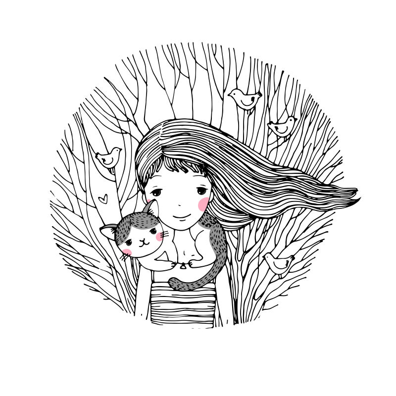 矢量女孩和小猫插图